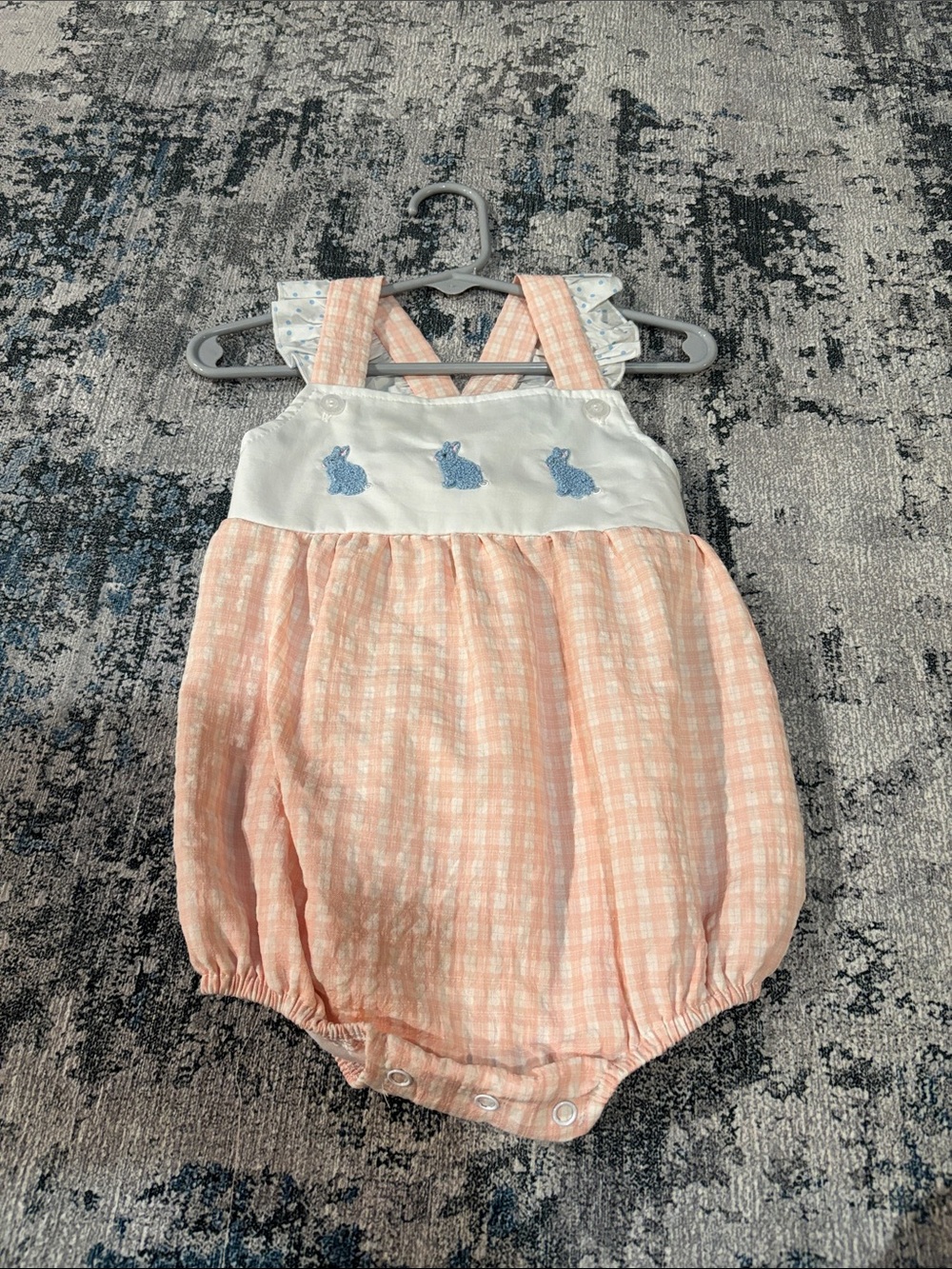 Smocked Bunny Pocket Peach Check Baby One-Piece Bodysuit